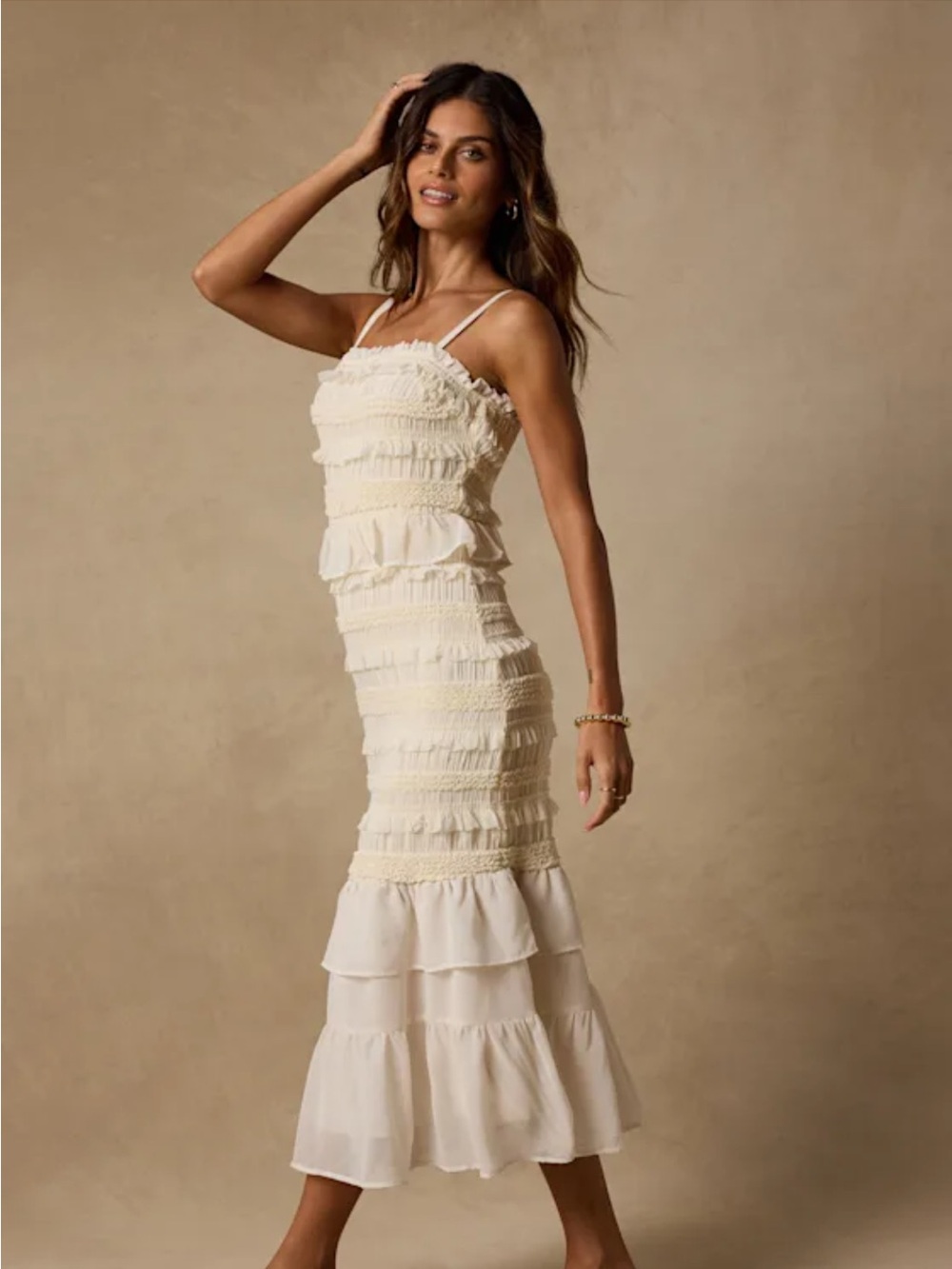 Lulu's Cream Smocked Ruffle Midi Dress